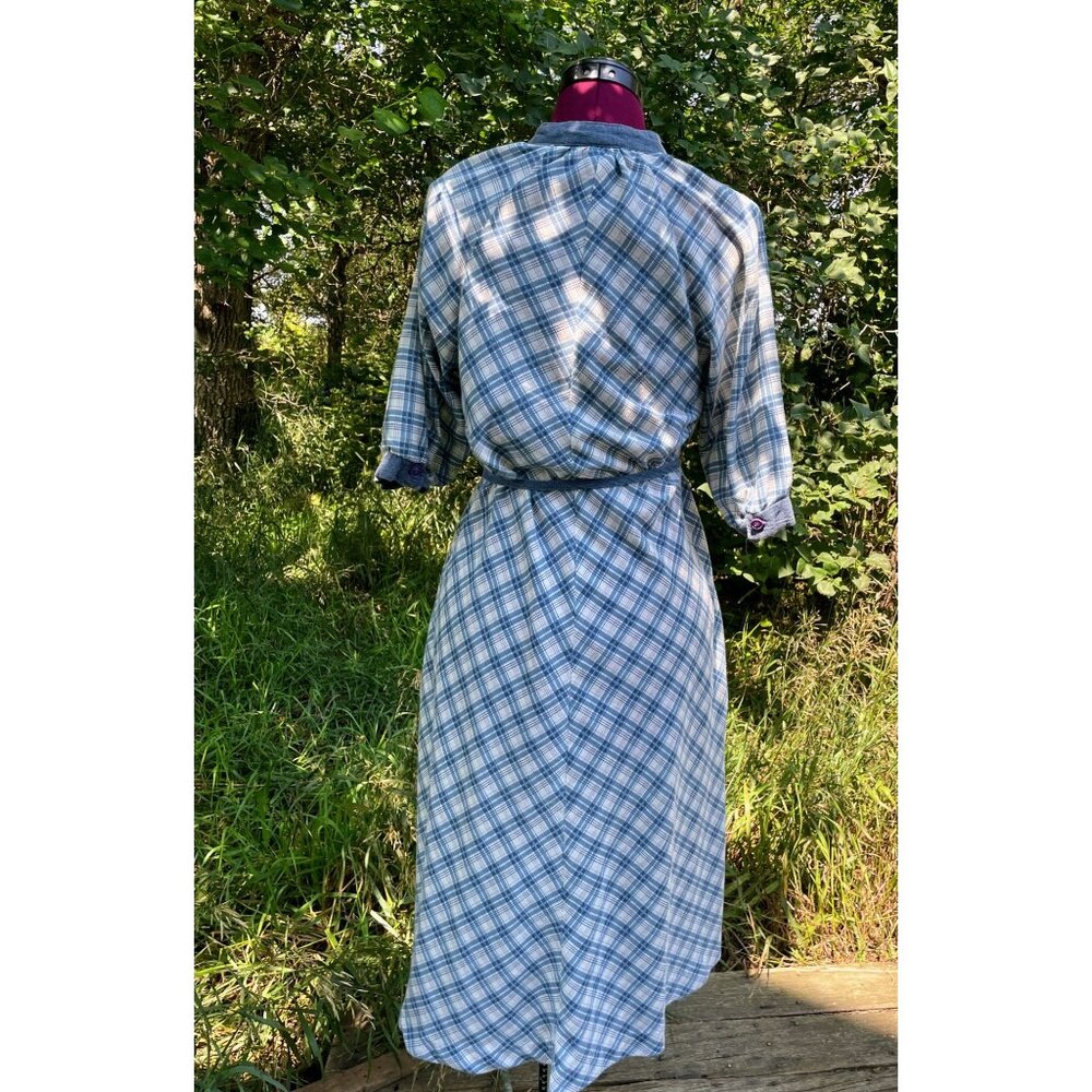 Vintage 1970s Chambray Blue Plaid Dress Rosani Size 8 - Picture 3 of 16
